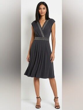 Roulette Black Studded V-Neck Dress Size XL Cap Sleeves NWT Grommet Dress